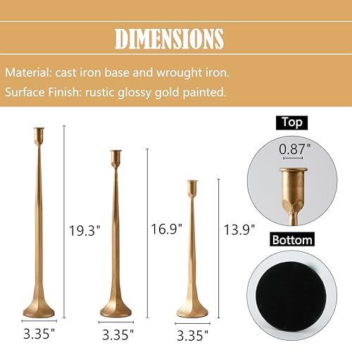 Iron Taper Candle Holder Set of 3, Gold Candlestick Holders 19.3”17” 14” Heightening Decorative Candle Stand Set for Wedding, Dining Table, Home Decoration (Gold)
