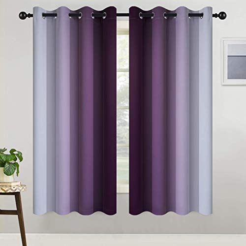COSVIYA Grommet Ombre Room Darkening Curtains 63 inch Length, Purple and Greyish White Gradient Drapes Light Blocking Insulated Thermal Window Curtains for Bedroom/Living Room,2 Panels,52x63 inches
