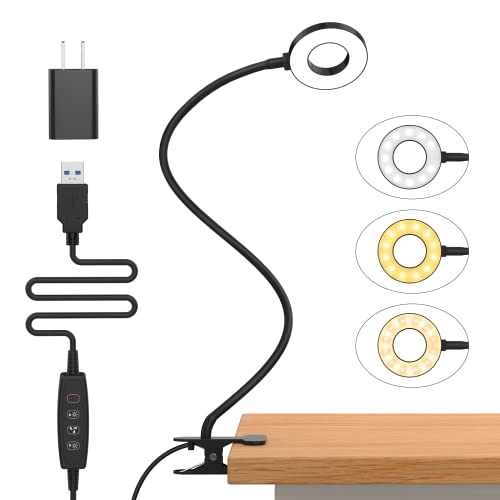 Desk Lamp, LED Reading Light with Clamp, 3 Color Modes & 10 Brightness Flexible Arm Book Light for Kids Reading Book in Bed at Night Clip on Table, Computer, Zoom Meetings - 27.6‘’ Black