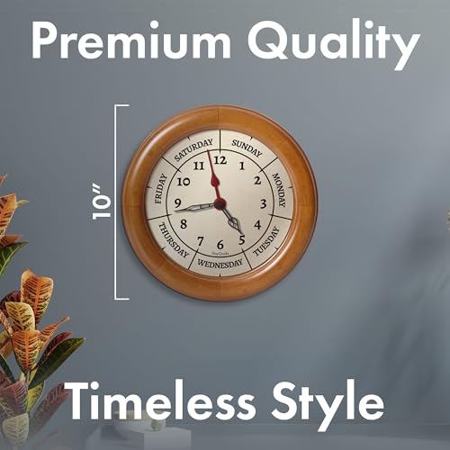 Time & Day of The Week Wall Clock with 10" Solid Pine Wood Frame – – Ideal Retirement Gift for Men and Women, Day Clock for Seniors and Retirees