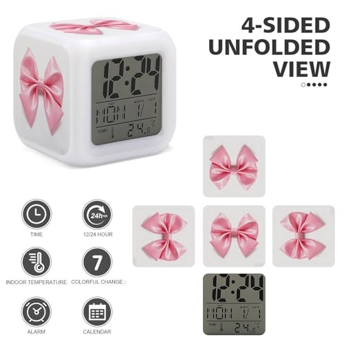 Pink Bow Alarm Clock Night Light Alarms for Bedroom Smart Digital Alarm Clock LED Display Clocks with 7 Colorful Ambient Lights Sleep Timer for Heavy Sleepers Simple Operation
