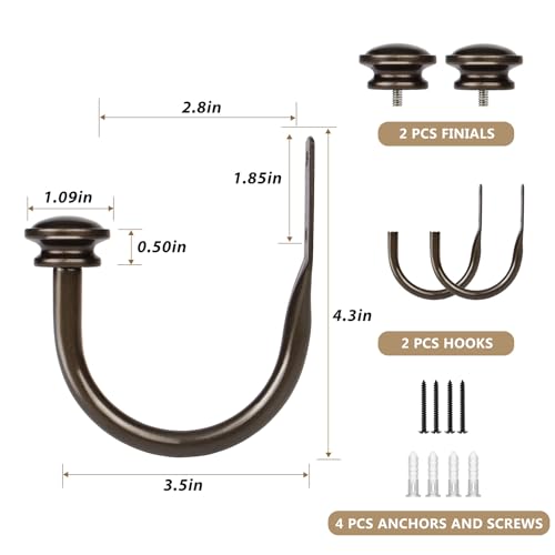 TONIAL Curtain Holdbacks 2 Pack, Decorative Window Drapery Tiebacks for Wall with Small Finials (1 Pair/2 Pack), Bronze