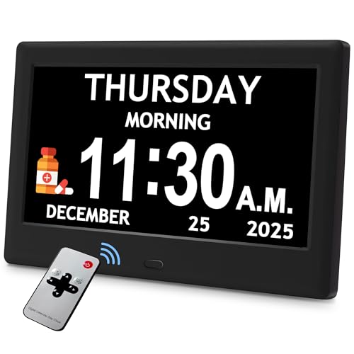 7" Black& 10.1" White Dementia Clock Set (2-Pack) - Large Digital Display with Date/Time, Auto Dimming, 6 Alarms, Remote Control