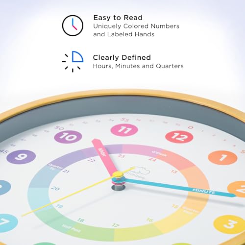 LittleHippo Learning Wall Clock for Kids for Classroom, Bedrooms, Nursery, Playroom - Kid's Analog, Silent, Non-Ticking Clock for Teaching to Tell Time, Study to Learn to Tell Time