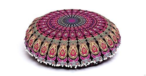 CRAFT KALA 32" Large Round Bohemian Floor Pillow Cover Boho Pouf Cover Mandala Meditation Room Pillows Cover Adults Seating Poufs Cushion Cover for Kids Reading Playroom Pink Yellow Mirchi