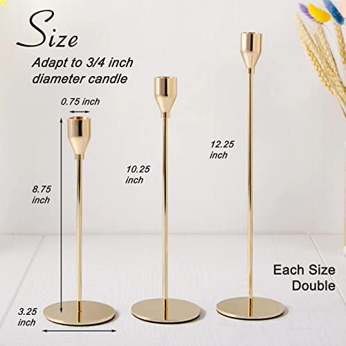 6Pcs French Honey Gold Candlestick Holders, Tall Taper Candelabra Stands fits 3/4 inch Thick Pillar Candle Stick, Elegant Decor Set for Table Centerpiece, Floor, Fireplace as Date, Festival, Fitting.