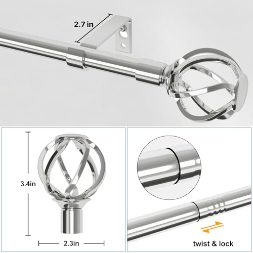 Silver Curtain Rods for Windows 66 to 120 with Cage Finials, Heavy Duty Curtain Rod with Splicing Adjustable, Decorative Curtain Rods for Outdoor Patio, Sliding Glass Door, 5/8" Diameter (Chrome)