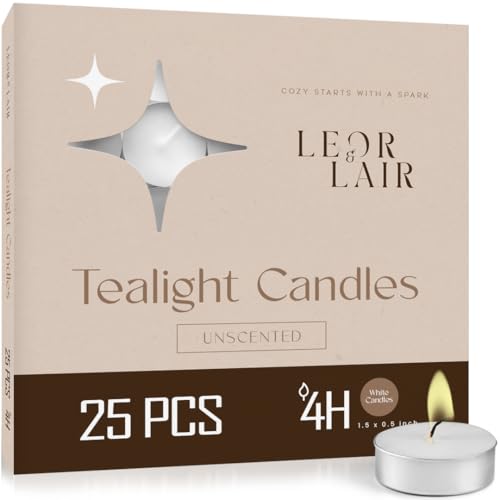 Leor & Lair Tea Lights Candles - 25 Pack - 4 Hour Long Burn Tealight Candles - Small Tea Candle for Home Decoration, Spa, Wedding, Holiday Dinner Table