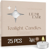 Leor & Lair Tea Lights Candles - 25 Pack - 4 Hour Long Burn Tealight Candles - Small Tea Candle for Home Decoration, Spa, Wedding, Holiday Dinner Table