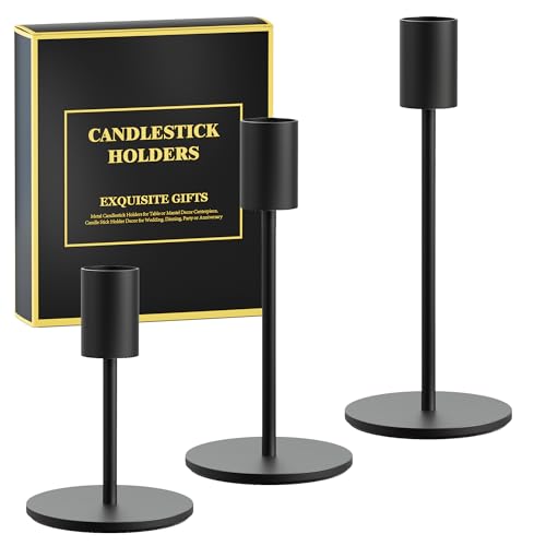 FSyueyun 3 Pcs Black Candle Holders, Elegant Taper Candle Holders, Metal Candlestick Holders for Festive Table Decor, Mantel Centerpiece, Modern Candle Stand for Wedding, Housewarming Gift