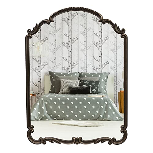 Wylde Iris English Estate Carved Arch Wood Wall Mirror, Mirror for Entryway, Living Room, Bathroom, Antique Black, 22x30