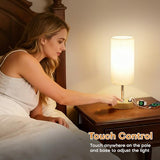Bedside Table Lamp for Bedroom, 3-Way Dimmable Nightstand Lamp with USB C, USB A Ports & AC Outlet, Small Table Lamp Fabric Shade for Living Room Dorm Office, LED Bulb Included (14in Wood Grain)