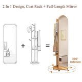 Floor-Standing Solid Wood Rotating Coat Rack，Full Length Mirror with Clothes Rack, Solid Wood Frame, Floor Standing, Tall Mirror with Wheels for Living Room, Bedroom, Hallway