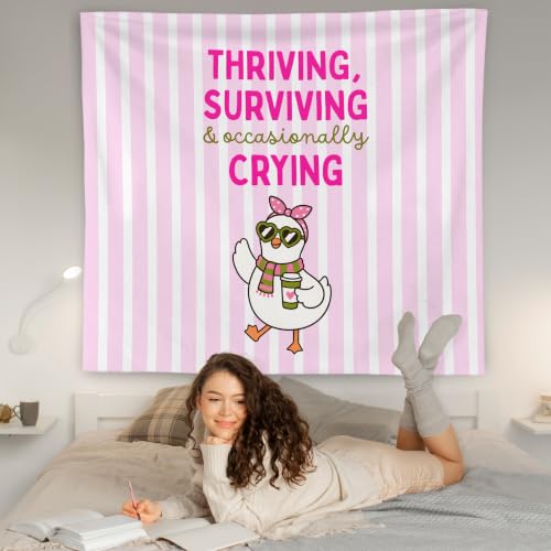 WNAGT Preppy Pink Goose Tapestry Wall Hanging 50x60 Inch | Inspirational Quote Funny Goose Pink White Striped Wall Tapestry for Girls Bedroom Dorm Home Office Decor