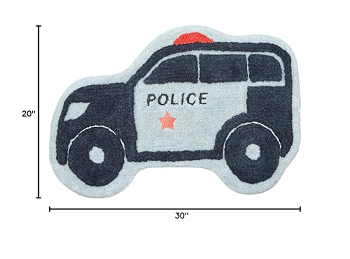 Hand Tufted Police Car Bedroom or Bathroom Rug - 30x20 in; 100% Cotton Kids Bathroom Mat; Decorative Kids Area Rug