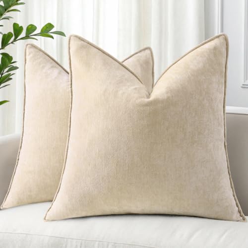 decorUhome Chenille Beige Velvet Throw Pillow Covers 26x26 Set of 2