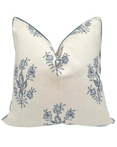 Jillien Harbor “The Mary” Blue and White Decorative Throw Pillow Cover – Floral Block Print Pillow Cover – Grandmillennial Home Decor, 19" x 19"