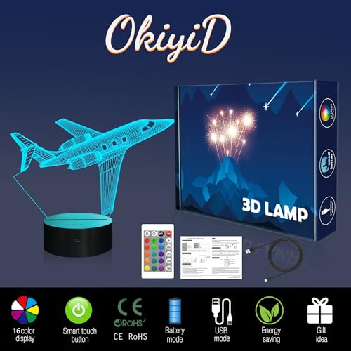OkiyiD Airplane Gifts for Boy, Men, Aircraft Night Light, Gulfstream 3D Illusion Lamp with Remote and Touch Control, Plane Decor for Men Boy Kids Room, Birthday Gifts