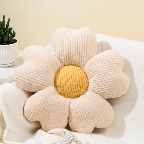 Flower Shaped Throw Pillow, Fun Daisy Pillow, 15.7" White Cute Decorative Seat Cushion Aesthetic Flower Plush Pillows for Bed Floor Couch Chair