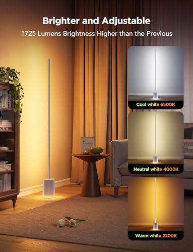 Govee Floor Lamp 2, RGBIC, Warm Cool White LED,Compatible with SmartThings, Matter, Alexa, 1725lm, Music Sync, Scene Modes, Smart Floor Lamp for Living Room, Bedroom, Silver(1 Pack)