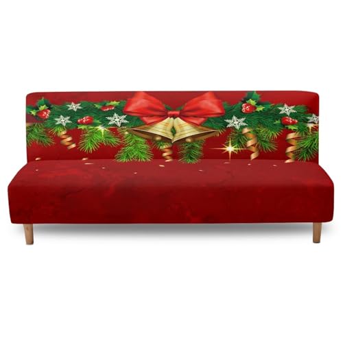Christmas Jingle Bell Bow Tie Armless Sofa Slipcovers Futon Cover Stretch Fabric Sofa Couch Bed Covers Furniture Protectorfor Kids Pets Dog and Cat