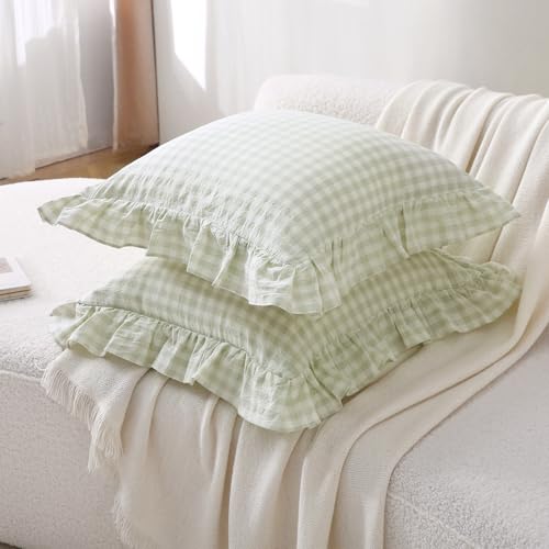 2 Pack Pile Green White Plaid Ruffle Gingham Throw Pillow Covers, 100% Washed Cotton Checkered Farmhouse Decorative Pillow Shams for Bed/Sofa - 18‘’x18''
