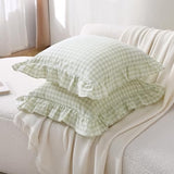 2 Pack Pile Green White Plaid Ruffle Gingham Throw Pillow Covers, 100% Washed Cotton Checkered Farmhouse Decorative Pillow Shams for Bed/Sofa - 18‘’x18''