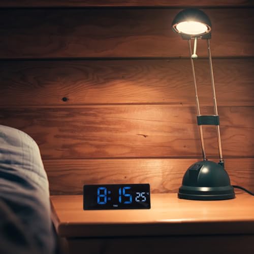 DECHOUS LED Digital Desk Clock Large Display Thermometer Alarm Clock Blue LED Temperature Display for Home Office, Black Frame, Battery Not Included