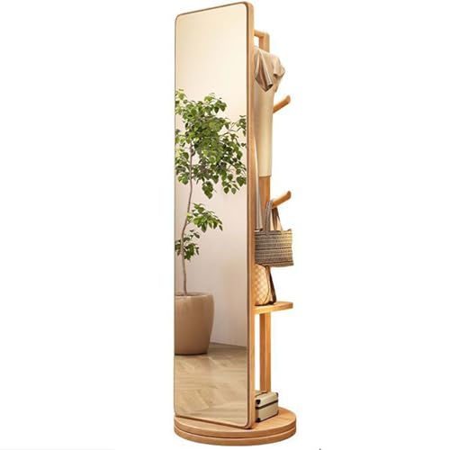 Floor-Standing Solid Wood Rotating Coat Rack，Wooden Rotating Coat Rack with Full Length Mirror Solid Clothes Hanger Stand Decorative Wall Mirror with Rotating Base Freestanding Floor Mirror