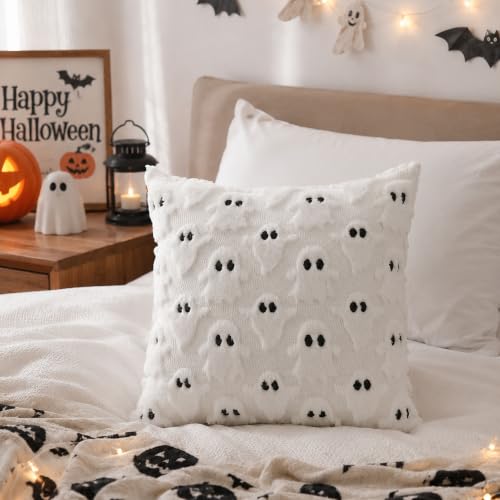DFXSZ Halloween Pillow Covers 18x18 inch Set of 2 White Ghost Throw Pillow Cases Soft Plush Faux Fur Wool Couch Cushion Case for Chair Sofa Bedroom Living Room Home Decor PTK03A18