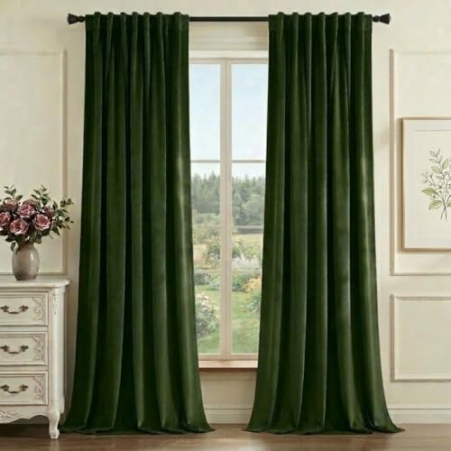 StangH Green Velvet Curtains 84 Inch Length, Luxury Vintage Emerald Drapes for Bedroom, Dark Green Room Darkening Window Treatment for Living Room with Back Tab & Hook Belt, W52 x L84, 2 Panels