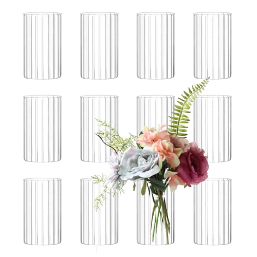 12Pcs Glass Cylinder vases for Centerpieces, 6 Inches Clear Ribbed Bud Vases for Wedding Decorations,Floral Vase Bulk Flower vases,Tall Glass Hurricane Candle Holder for Table Shelf, Party(Ribbed)