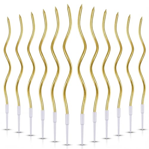 12-Count Spiral Birthday Candles, Long Twisty Gold Party Candles with Candle Holders, Long Burning for Weddings, Birthdays, Party Decorations, Cupcakes, Anniversary and Meetups (Gold)