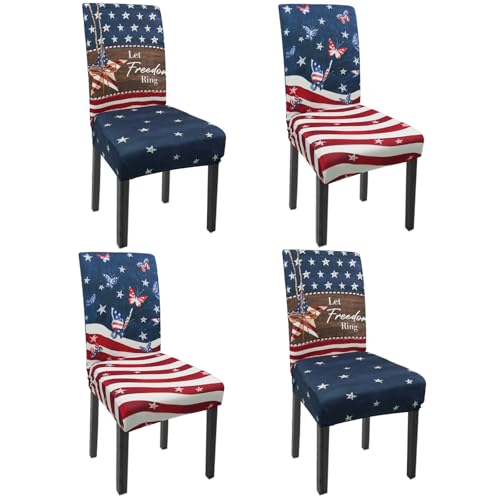 4th of July Chair Covers Set of 4 American Flag Stars Butterfly Patriotic Decor Stretch Parsons Chair Slipcovers for 4th of July Dining Room Decor Chairs Seat Protectors (Flag Striped Butterfly,4PCS)
