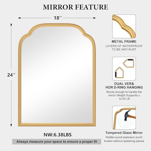 Ferytange 18X24 Inch Gold Mirror for Wall with Metal Frame Rectangular Rounded Bathroom Vanity Mirror Anti-Rust, Hangs (Gold 18" x 24")