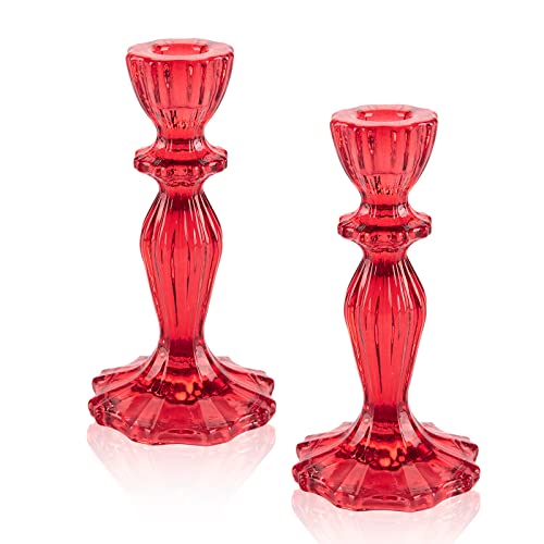 Glass Candle Holders, 2PCS Wide Base Candlestick Holder Decorative Candle Stand Table Centerpieces for Wedding Birthday Halloween Christmas Party, Red