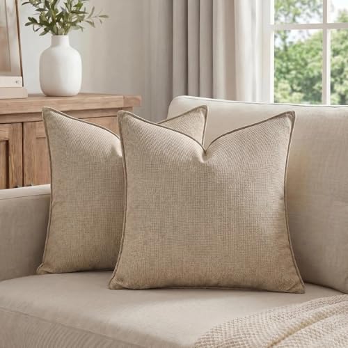 Fancy Homi Set of 2 Taupe 18x18 Inch Soft Chenille Decorative Throw Pillow Covers with Flange Edge, Square Neutral Modern Boho Textured Cushion Case Home Decor for Couch Sofa Bed Living Room