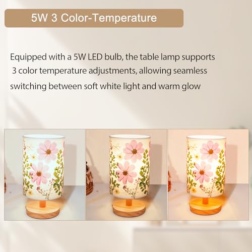 Dried Flowers Small Table Lamp 5W LED 3-Color Bedside Lamp Pressed Flowers Lampshade with Wood Base for Bedroom Living Room Desk Nursery