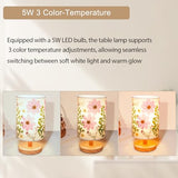 Dried Flowers Small Table Lamp 5W LED 3-Color Bedside Lamp Pressed Flowers Lampshade with Wood Base for Bedroom Living Room Desk Nursery