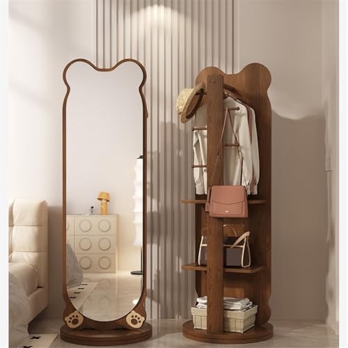 Decorative Wooden Full-Length Mirror Home Bedroom Rotating Floor-Standing Dressing with Clothes Rack for Living Room