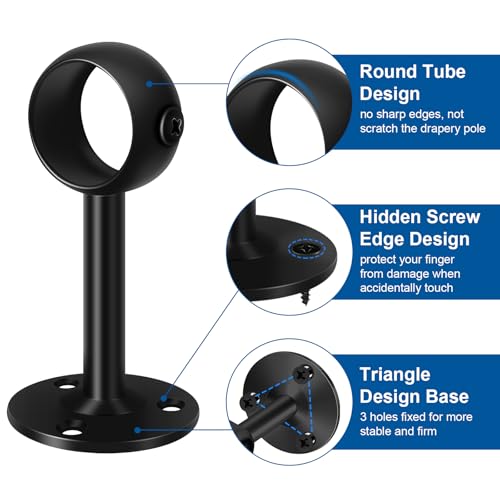 TOKPLNU Curtain Rod Brackets, Ceiling Heavy Duty Holders, Black 4 Pack Hooks Hangers for 1 1/4-Inch Drape Poles