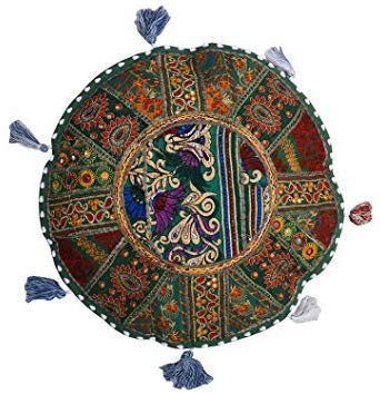Sophia Art Round Floor Pillow Cushion Patchwork Pouf Ottoman, Green, 28 Inch