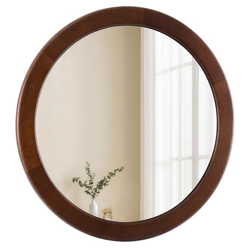CULER Round Wood Mirror 24 Inch,Circle Mirror with Walnut Frame for Wall,Rustic Decorative Round Wall Mirror for Bathroom Bedroom Entryway（Walnut Brown）