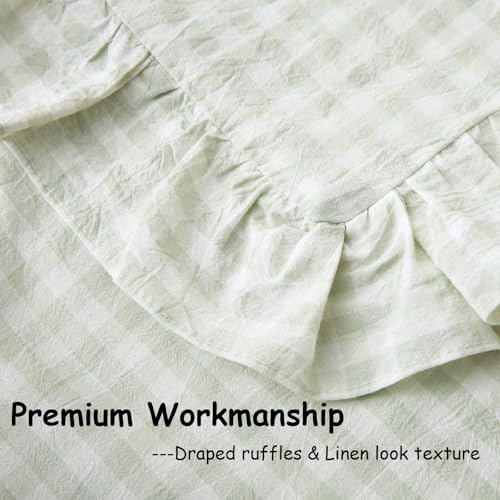 2 Pack Pile Green White Plaid Ruffle Gingham Throw Pillow Covers, 100% Washed Cotton Checkered Farmhouse Decorative Pillow Shams for Bed/Sofa - 18‘’x18''