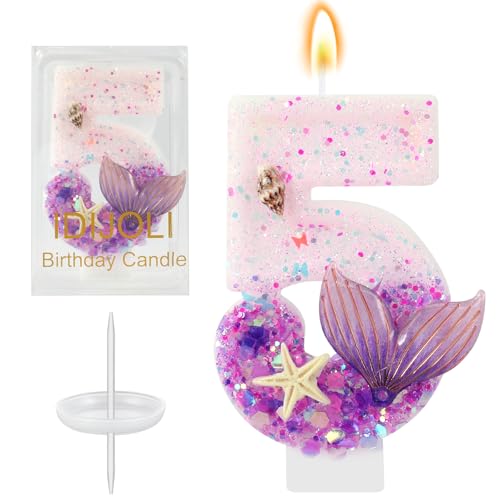 Purple Number 5 Candles Mermaid Birthday Candle 5th Birthday Cake Topper Cupcake Decorations for Girls and Women Party Decor Anniversary Celebrations Supplies Favors