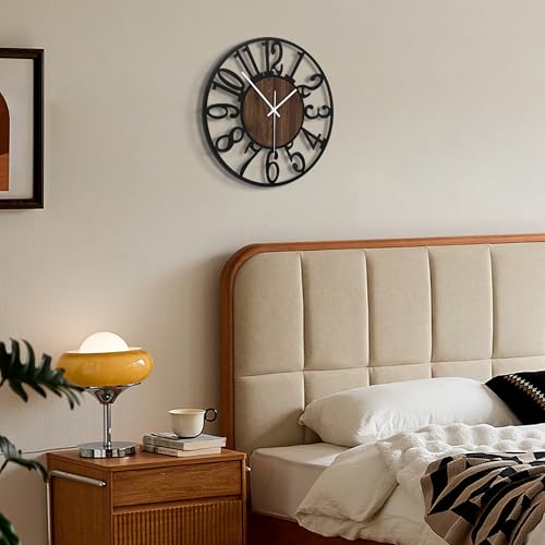Maxstar Wall Clock Battery Operated,Silent Non-Ticking Modern Rustic Metal Round Clocks Small for Living Room/Bedroom/Office/Kitchen/Farmhouse Home Decor-12 Inch(Brown-Wood)