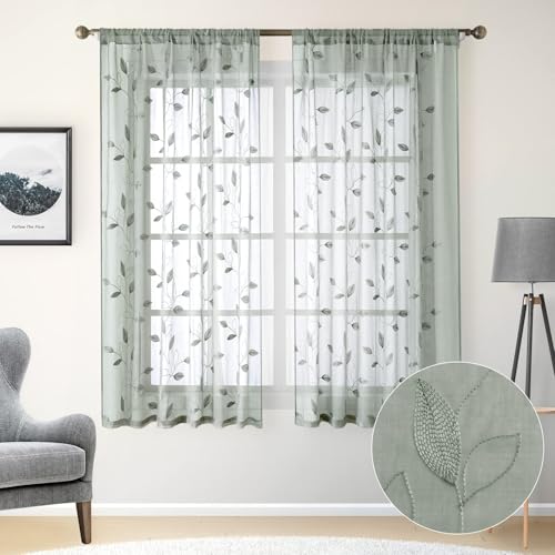 HOMEIDEAS Sage Green Sheer Curtains 52 X 63 Inches Length 2 Panels Embroidered Leaf Pattern Pocket Faux Linen Floral Semi Sheer Voile Window Curtains/Drapes for Bedroom Living Room