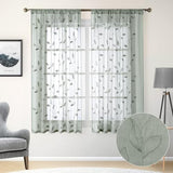 HOMEIDEAS Sage Green Sheer Curtains 52 X 63 Inches Length 2 Panels Embroidered Leaf Pattern Pocket Faux Linen Floral Semi Sheer Voile Window Curtains/Drapes for Bedroom Living Room