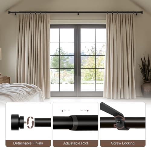 Lootkell Black Curtain Rods for Windows 48 to 84 Inches Adjustable Heavy Duty 1" Diameter Window Curtain Rod with Decorative Finials for Outdoor Farmhouse Bedroom Kitchen Living Room