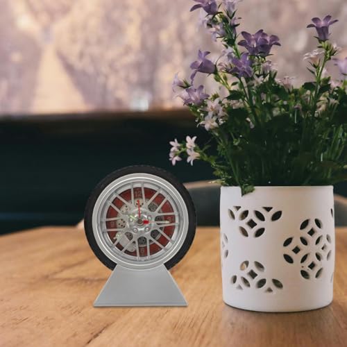 Car Tire Desk Clock with Stand Unique Tire Rim Design Compact 4.52X3.93X2.55In Quartz Movement for Bedroom Living Room Office Decor